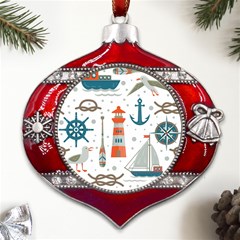 Nautical Elements Pattern Background Metal Snowflake And Bell Red Ornament