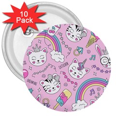 Cute Cat Kitten Cartoon Doodle Seamless Pattern 3  Buttons (10 Pack)  by Grandong