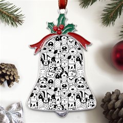 Seamless Pattern With Black White Doodle Dogs Metal Holly Leaf Bell Ornament