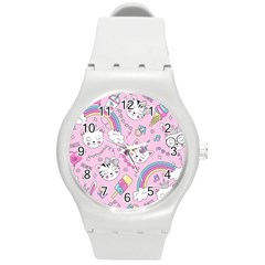 Cute Cat Kitten Cartoon Doodle Seamless Pattern Round Plastic Sport Watch (m) by Grandong