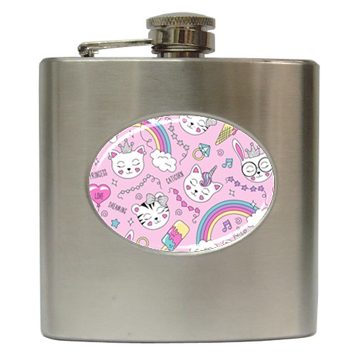 Beautiful Cute Animals Pattern Pink Hip Flask (6 oz)