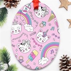 Beautiful Cute Animals Pattern Pink Oval Ornament (two Sides)