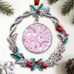 Beautiful Cute Animals Pattern Pink Metal X mas Wreath Holly Leaf Ornament