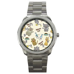 Cute Astronaut Cat With Star Galaxy Elements Seamless Pattern Sport Metal Watch by Grandong