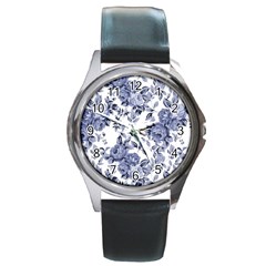 Blue Vintage Background Background With Flowers, Vintage Round Metal Watch by nateshop