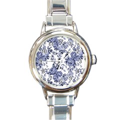 Blue Vintage Background Background With Flowers, Vintage Round Italian Charm Watch by nateshop