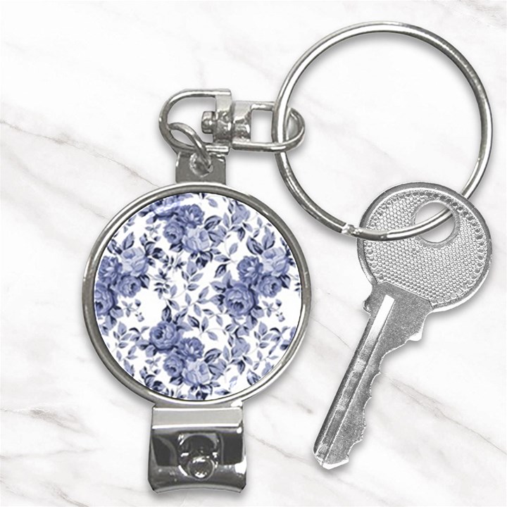 Blue Vintage Background Background With Flowers, Vintage Nail Clippers Key Chain