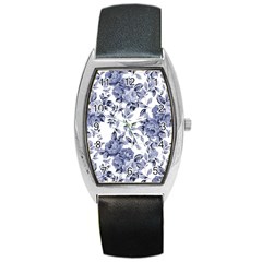 Blue Vintage Background Background With Flowers, Vintage Barrel Style Metal Watch by nateshop