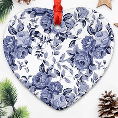 Blue Vintage Background Background With Flowers, Vintage Heart Ornament (two Sides) by nateshop