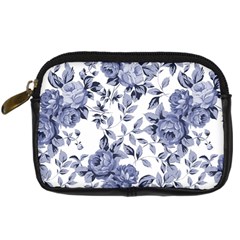 Blue Vintage Background Background With Flowers, Vintage Digital Camera Leather Case