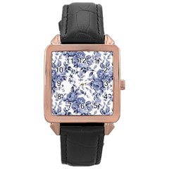 Blue Vintage Background Background With Flowers, Vintage Rose Gold Leather Watch  by nateshop