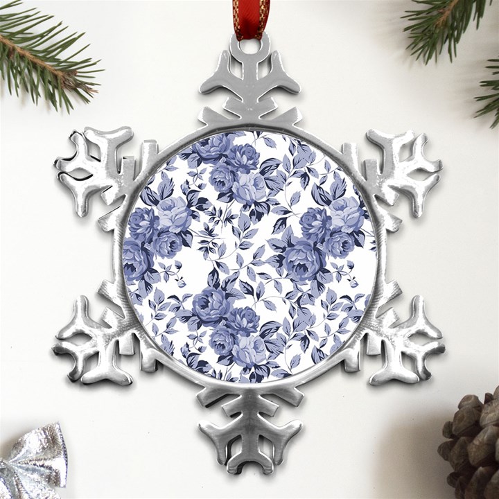 Blue Vintage Background Background With Flowers, Vintage Metal Small Snowflake Ornament