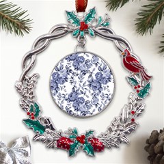 Blue Vintage Background Background With Flowers, Vintage Metal X mas Wreath Holly Leaf Ornament by nateshop