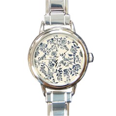 Blue Vintage Background, Blue Roses Patterns, Retro Round Italian Charm Watch by nateshop