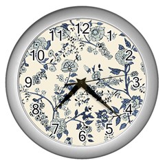 Blue Vintage Background, Blue Roses Patterns, Retro Wall Clock (silver) by nateshop