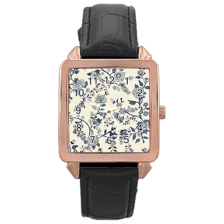 Blue Vintage Background, Blue Roses Patterns, Retro Rose Gold Leather Watch 