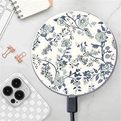 Blue Vintage Background, Blue Roses Patterns, Retro Wireless Fast Charger(white) by nateshop