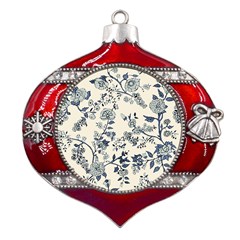 Blue Vintage Background, Blue Roses Patterns, Retro Metal Snowflake And Bell Red Ornament