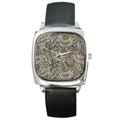 Brown Vintage Background Vintage Floral Pattern, Brown Square Metal Watch by nateshop