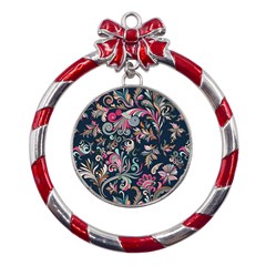 Coorful Flowers Pattern Floral Patterns Metal Red Ribbon Round Ornament by nateshop