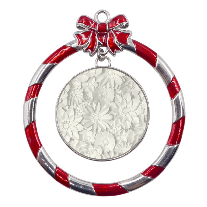 Damask, Desenho, Flowers, Gris Metal Red Ribbon Round Ornament