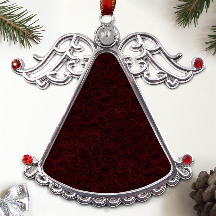 Dark Red Floral Lace, Dark Red, Flowers, Pattern, Romance Metal Angel with Crystal Ornament