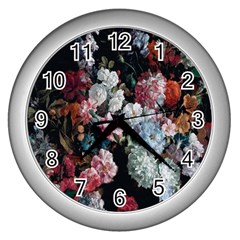 Floral Pattern, Red, Floral Print, E, Dark, Flowers Wall Clock (silver) by nateshop