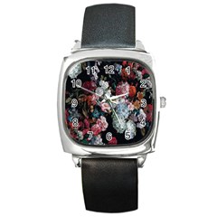 Floral Pattern, Red, Floral Print, E, Dark, Flowers Square Metal Watch by nateshop