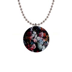 Floral Pattern, Red, Floral Print, E, Dark, Flowers 1  Button Necklace by nateshop