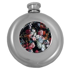 Floral Pattern, Red, Floral Print, E, Dark, Flowers Round Hip Flask (5 Oz) by nateshop