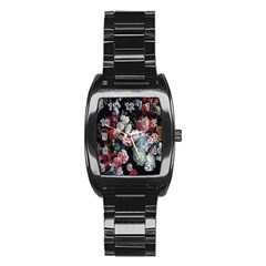 Floral Pattern, Red, Floral Print, E, Dark, Flowers Stainless Steel Barrel Watch by nateshop