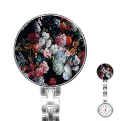 Floral Pattern, Red, Floral Print, E, Dark, Flowers Stainless Steel Nurses Watch by nateshop