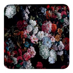 Floral Pattern, Red, Floral Print, E, Dark, Flowers Square Glass Fridge Magnet (4 Pack) by nateshop