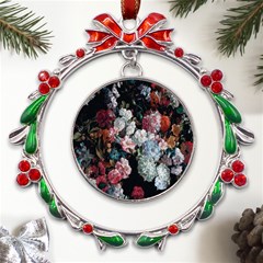 Floral Pattern, Red, Floral Print, E, Dark, Flowers Metal X mas Wreath Ribbon Ornament