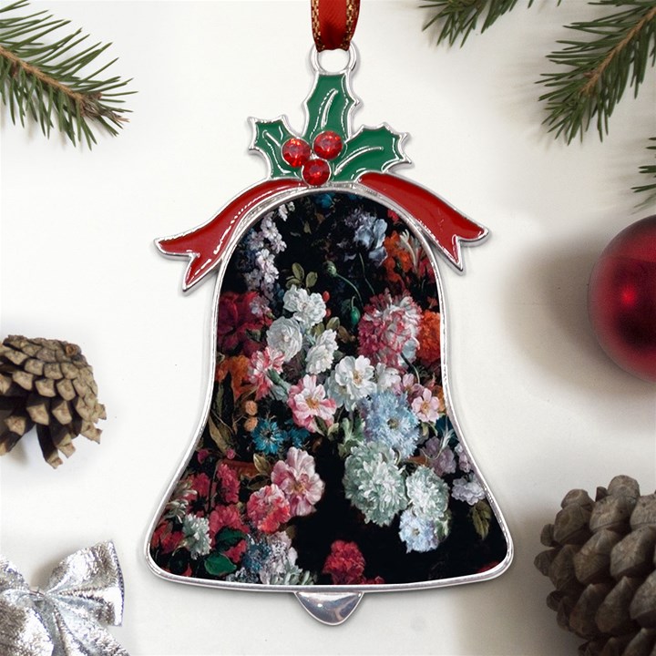 Floral Pattern, Red, Floral Print, E, Dark, Flowers Metal Holly Leaf Bell Ornament