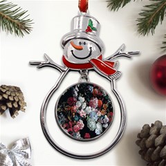 Floral Pattern, Red, Floral Print, E, Dark, Flowers Metal Snowman Ornament by nateshop