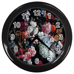 Floral Pattern, Red, Floral Print, E, Dark, Flowers Wall Clock (black) by nateshop