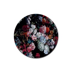 Floral Pattern, Red, Floral Print, E, Dark, Flowers Rubber Round Coaster (4 Pack)