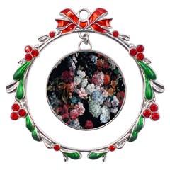 Floral Pattern, Red, Floral Print, E, Dark, Flowers Metal X mas Wreath Ribbon Ornament by nateshop