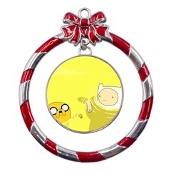 Adventure Time Jake The Dog Finn The Human Artwork Yellow Metal Red Ribbon Round Ornament by Sarkoni