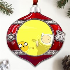 Adventure Time Jake The Dog Finn The Human Artwork Yellow Metal Snowflake And Bell Red Ornament by Sarkoni