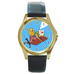 Cartoon Adventure Time Jake And Finn Round Gold Metal Watch by Sarkoni