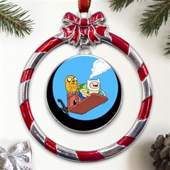 Cartoon Adventure Time Jake And Finn Metal Red Ribbon Round Ornament by Sarkoni