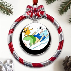 Adventure Time Finn And Jake Snow Metal Red Ribbon Round Ornament by Sarkoni