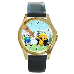 Adventure Time Finn And Jake Cartoon Network Parody Round Gold Metal Watch by Sarkoni