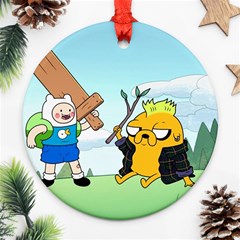 Adventure Time Finn And Jake Cartoon Network Parody Round Ornament (two Sides) by Sarkoni