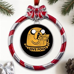 Adventure Time Jake  I Love Food Metal Red Ribbon Round Ornament by Sarkoni