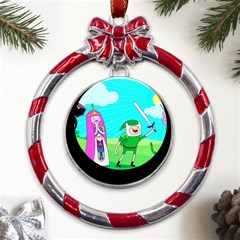 Adventure Time The Legend Of Zelda Parody Metal Red Ribbon Round Ornament by Sarkoni