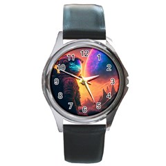 Illustration Trippy Psychedelic Astronaut Landscape Planet Mountains Round Metal Watch by Sarkoni