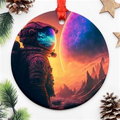 Illustration Trippy Psychedelic Astronaut Landscape Planet Mountains Ornament (round) by Sarkoni